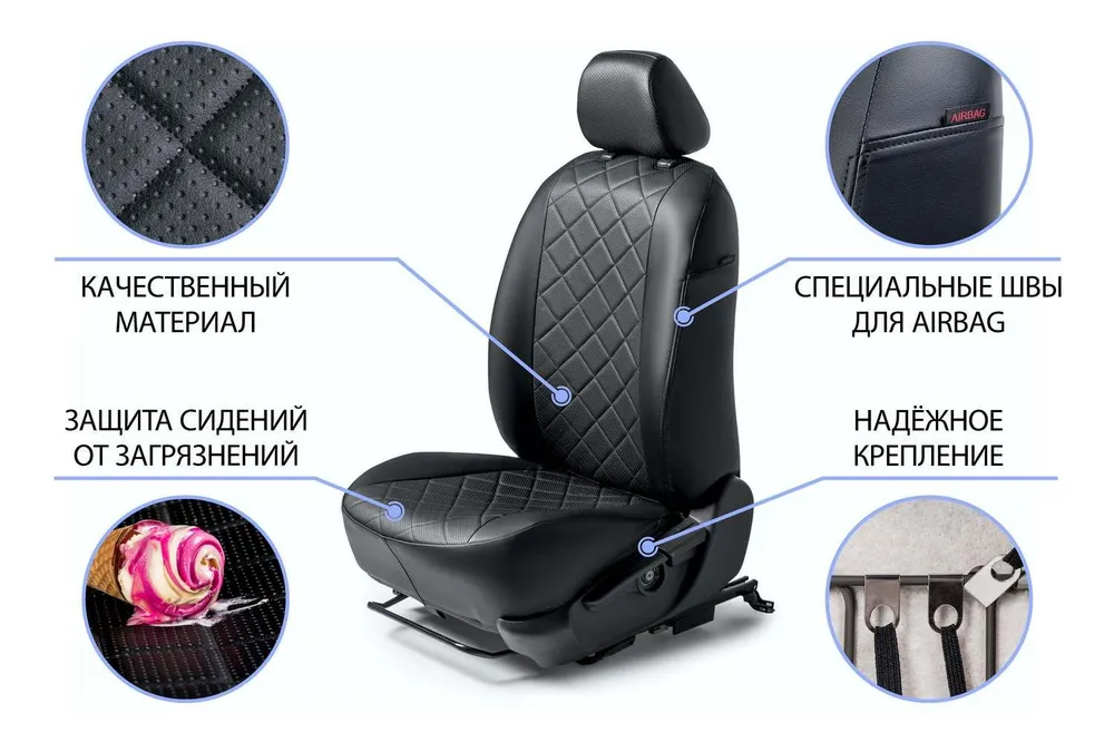 Авточехол на водительское сидение для Lada Granta седан/лифтбек (40/60) 2012- (кроме Drive Active и Club), Lada Kalina Cross (40/60), экокожа, ромб